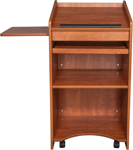 Vista 4 de OEF Furnishings Atril móvil de piso con estante lateral y bandeja para teclado, cereza