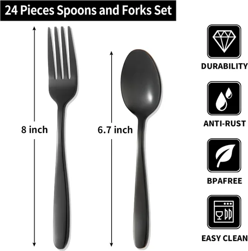 Vista 2 de Juego de cubiertos de 24 tenedores y cucharas para 12, tenedores y cucharas de acero inoxidable negro, cuchara duradera de 8 pulgadas y tenedor