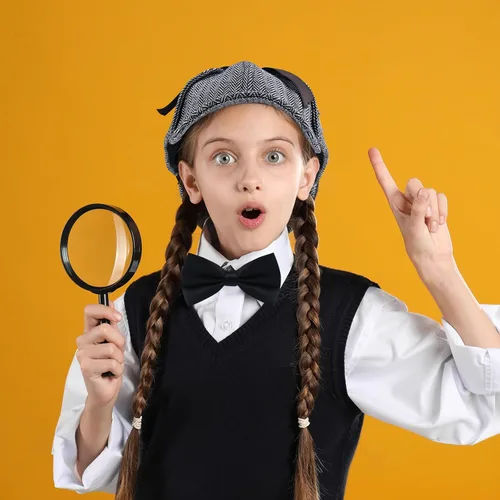 Vista 6 de El juego de disfraz de detective incluye sombrero de detective, anteojos, corbatín, aumento y bigote para niños y adultos, disfraz de Halloween