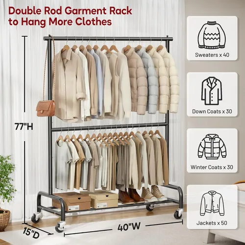 Vista 2 de SLEEPING LAMB Perchero de doble varilla resistente para colgar ropa, perchero enrollable de metal con ruedas para colgar ropa, estante de Negro