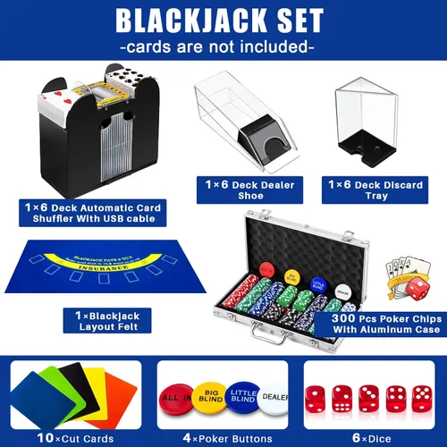 Vista 2 de Aoriher Juego de Casino de Blackjack, incluye 300 fichas de póquer, fieltro de casino, 1 barajador automático de cartas, zapato repartidor de 6