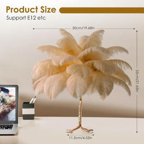 Vista 4 de MAYOLA Lámpara de mesa moderna de plumas de avestruz con cable enchufable, lámpara de pie de noche de 3 luces para sala de estar, dormitorio