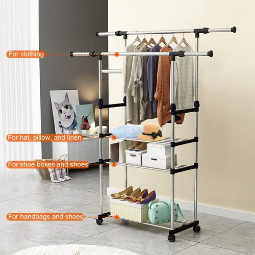 Vista 4 de Perchero de doble barra para colgar ropa, estante portátil para armario de carga máxima de 77 libras, perchero de metal resistente para dormitorio