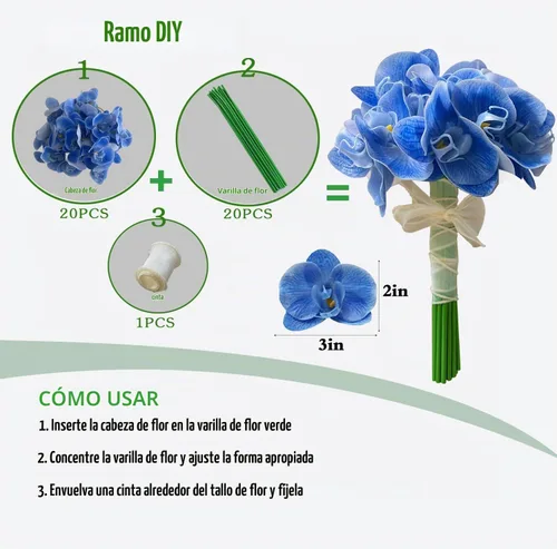 Vista 4 de 20 piezas de orquídeas artificiales azules para centros de mesa de velas flotantes, cabeza y tallo de flores sintéticas, ramo de manualidades
