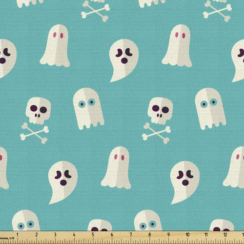 Vista 92 de Ambesonne The Yard, tela de calavera colorida con temática de Halloween, diseño de calavera y huesos cruzados, divertido estampado de dibujos