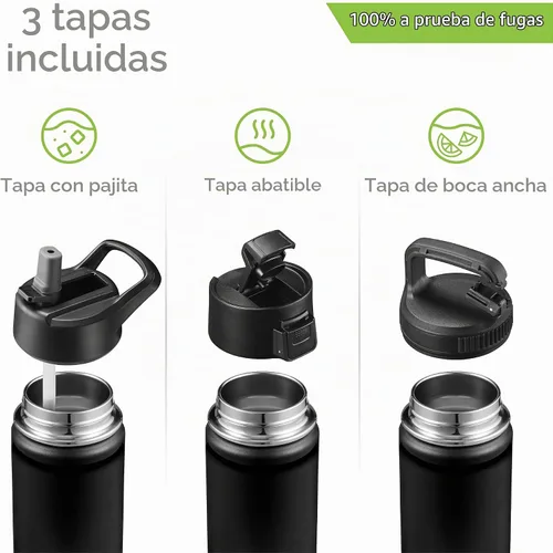 Vista 3 de SIPX™ Botella de Agua Aislada de 18 oz con 3 Tapas – Acero Inoxidable a Prueba de Fugas, Triple Aislamiento – Frío 24 Horas/Caliente 12 Horas – Negro