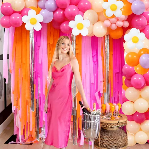 Vista 6 de Telón de fondo con flecos de arco de globos de color rosa y naranja, kit de arco de guirnalda de globos de margarita, serpentinas geniales