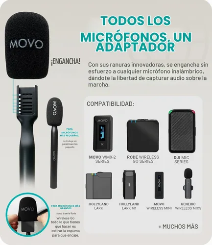 Vista 4 de Movo WMX-HM - Mango de micrófono para DJI Mic, Rode Wireless GO, Hollyland Lark y más - Mango de micrófono inalámbrico para entrevista - Adaptador