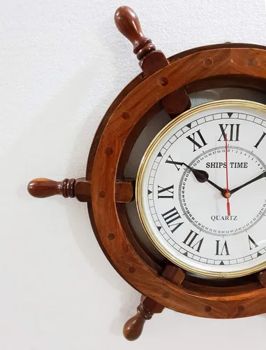 Vista 3 de Reloj de pared náutico marino antiguo de 18 "de madera para decoración del hogar