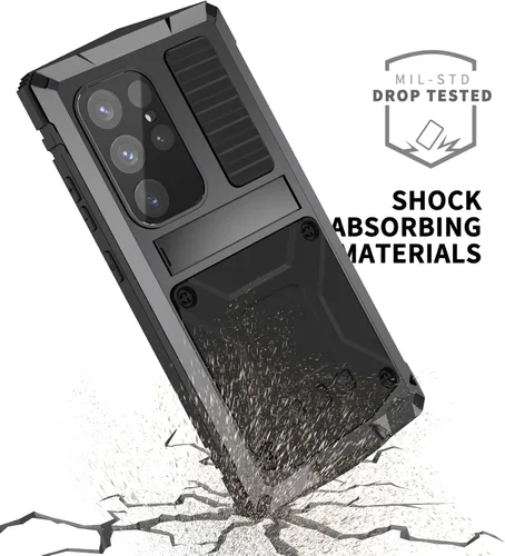 Vista 2 de Funda de metal para Samsung Galaxy S24 con protector de pantalla con función atril, funda para cámara S24, resistente armadura militar duradera