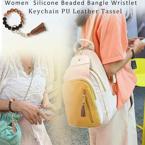 Vista 6 de BIHRTC Llavero de silicona con cuentas, pulsera de piel sintética con borla, llavero portátil, llaves de coche, llavero, llavero para mujer, niña