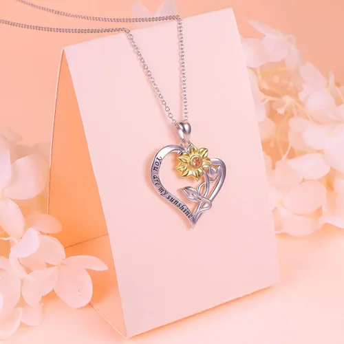 Vista 2 de Collar de plata de ley S925 con dije de girasol con circonita cúbica o aretes para mujer de 18.0 in, Plata de ley, Corazón girasol Nec