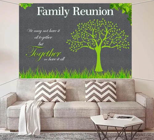 Vista 5 de Fondo de reunión con texto en inglés «We Are Family» – Cartel de 6 x 4 pies con accesorios para cabina de fotos para inauguración de la casa