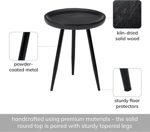 Vista 3 de MH London Lydia - Mesa auxiliar redonda pequeña y mesa auxiliar de madera maciza, parte superior negra con patas de metal negro, mesita de noche