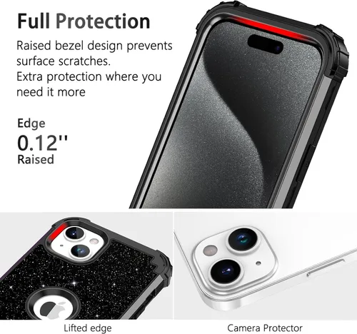 Vista 3 de LONTECT Funda para iPhone 15 Plus con purpurina brillante 3 en 1, a prueba de golpes, resistente, híbrida, resistente, funda protectora de alto