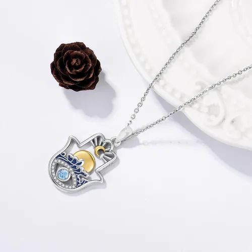 Vista 111 de Aniu Joyería de plata de ley 925 Hamsa de Fátima para mujer con circonita cúbica, viene con caja de regalo negra