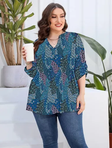Vista 5 de AMCLOS Camisetas de talla grande para mujer, cuello en V, estilo casual, suave, fluido, manga larga con botones