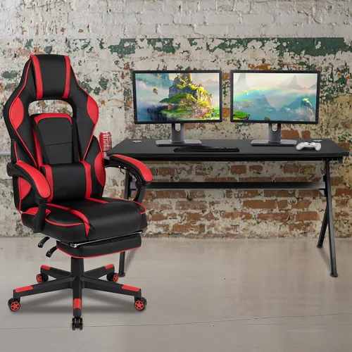 Vista 50 de Flash Furniture Juego de escritorio para juegos negro y silla de carreras blanco/negro con soporte para tazas, gancho para auriculares y soporte