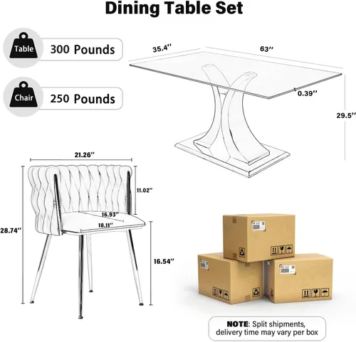 Vista 3 de Juego de comedor moderno de vidrio de lujo de 5 piezas, juego de cena rectangular minimalista grande para 4, juego de mesa de cocina de vidrio