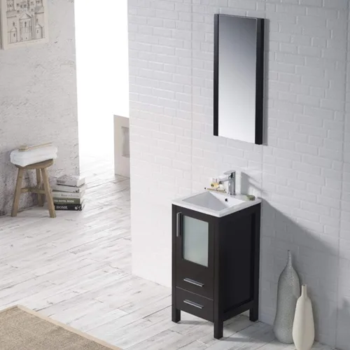 Vista 5 de Blossom Tocador de baño de madera maciza espresso de 16 pulgadas con fregadero, pequeño gabinete independiente con fregadero de cerámica y puerta
