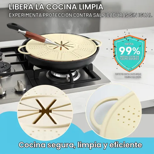 Vista 6 de Pantalla de silicona para sartenes, cubierta protectora contra salpicaduras de aceite con agujeros de filtro y alfombrilla resistente al calor, se