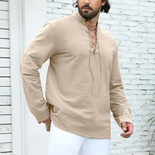 Vista 5 de Camisa medieval renacentista pirata para hombre, manga larga, vikinga, gótica, steampunk, Halloween, cosplay, fiestas