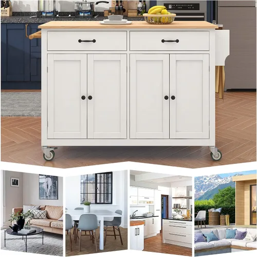 Vista 7 de Isla de cocina con ruedas con escritorio de madera maciza, mesa de isla de cocina con 2 cajones, carrito de isla de cocina con armario