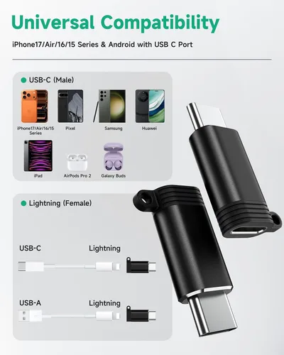 Vista 2 de Paquete de 4 adaptadores Lightning a USB C para iPhone 15/16 Pro Max/Plus, Samsung S24, iPad Air, carga rápida y transferencia de datos, cable