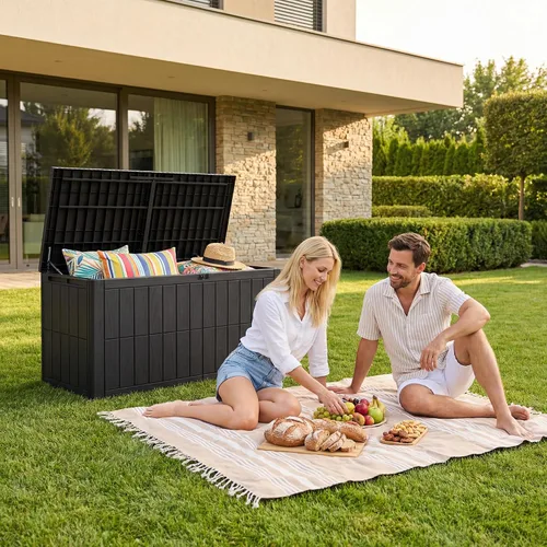 Vista 7 de Caja de almacenamiento para exteriores de 100 galones, con cerradura, impermeable, de resina, contenedor de almacenamiento para interiores