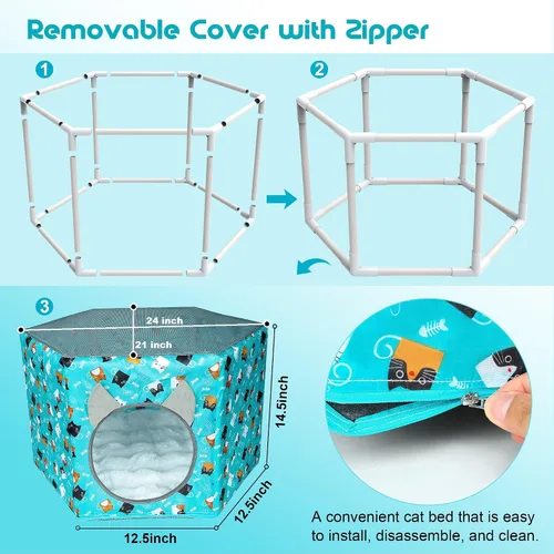 Vista 10 de Camas para gatos de interior, cama hamaca elevada para gatos, casa hexagonal para gatos con malla transpirable y parte inferior antideslizante, cama