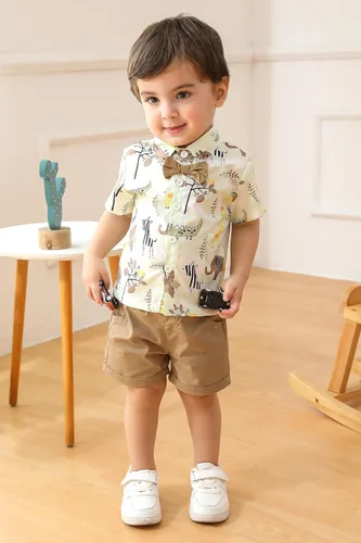 Vista 23 de JEELLIGULAR Conjunto de ropa de verano para bebé niño de manga corta con botones y pantalones cortos, trajes casuales para caballeros de 1 a 6 años