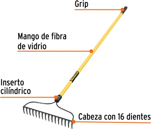 Vista 2 de Truper Rastrillo de jardín, mango de fibra de vidrio, 16 púas, cabeza de 16 pulgadas, longitud de 60 pulgadas
