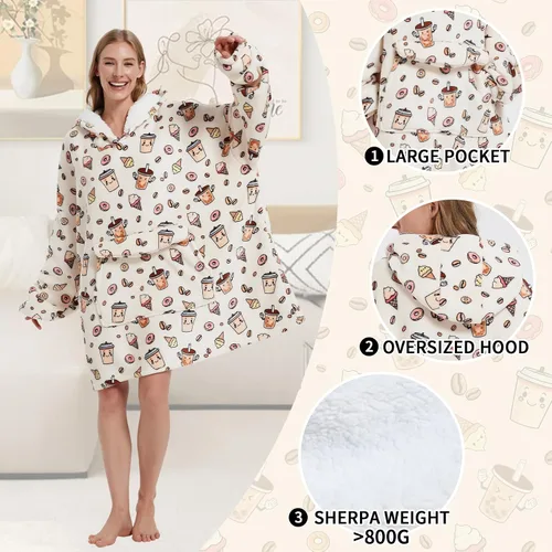 Vista 3 de Mewkou Manta con capucha para adultos, manta de forro polar Sherpa de gran tamaño con capucha para mujeres y hombres, café