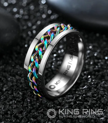 Vista 2 de King Ring Anillo giratorio de 0.315 pulgadas, anillo plano pulido fino para hombres y mujeres con cadena cubana, diseñado en Estados Unidos