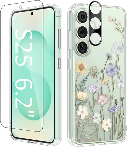 Vista 14 de GVIEWIN Funda protectora para Samsung Galaxy S25, transparente floral, delgada, a prueba de golpes, para mujer, no se pone amarilla, con protector