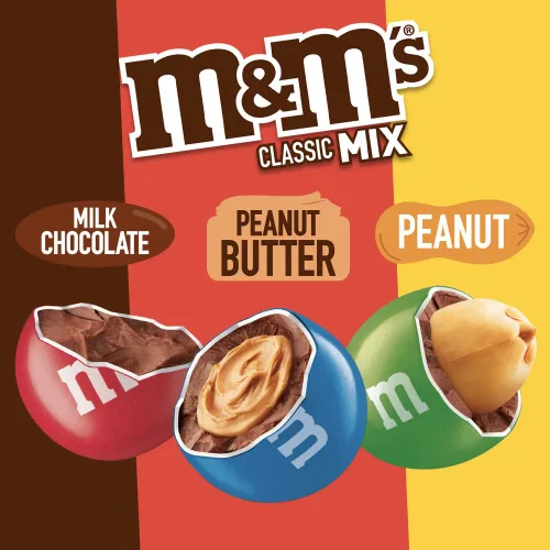 Vista 5 de M&M'S Paquete variado de dulces de chocolate con leche, chocolate con leche, dulces a granel envueltos individualmente, mantequilla de maní