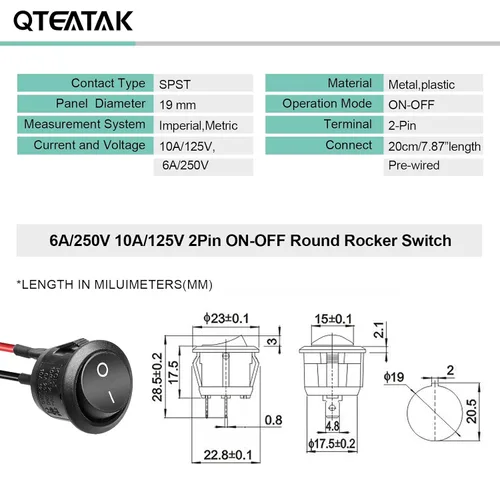 Vista 2 de KCD1 On/Off Pre-Wired 2-Pin 2-Position Snap 10A/125V, 6A/250V Round Boat Rocker Switch-5Pack