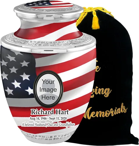 Vista 7 de Urnas de cremación personalizadas con medallón veterano de la bandera estadounidense para cenizas de adultos, hombres y mujeres, urnas funerarias