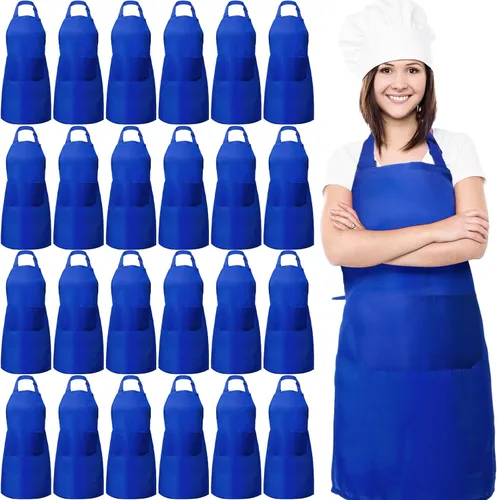 Vista 9 de JaGely Paquete de 24 delantales ajustables con babero y 2 bolsillos, delantales negros a granel para servidoras, mujeres adultas, delantal de cocina