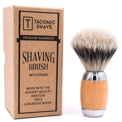 Vista 4 de Taconic Shave 's Extra denso 100% 3 bandas Silvertip Badger Cepillo de afeitar de lujo – Madera de haya y mango cromado – Soporte de afeitar incluido