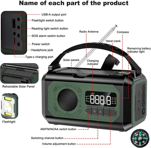 Vista 7 de Radio de emergencia de 44400 mWh/12000 mAh, radio solar portátil con manivela AM/FM/NOAA Radio meteorológica con 2 paneles solares, 3 métodos
