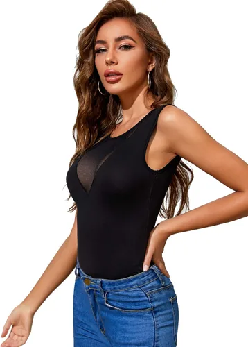 Vista 3 de Verdusa Top halter ajustado sin mangas de malla de contraste transparente para mujer