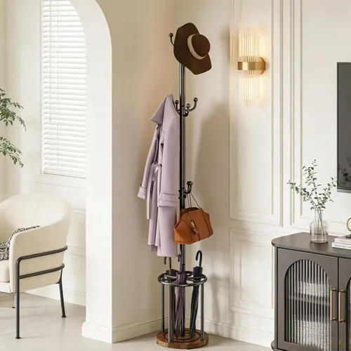 Vista 9 de Perchero independiente con soporte para paraguas, perchero con 12 ganchos para ropa, bolsos, sombreros, perchero, árbol, perchero, sombrero