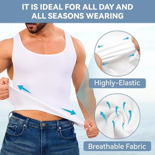 Vista 4 de Gleefeat Mens Compression Shirt Body Shaper Slimming Undershirt Gynecomastia Abdomen Tummy Control Shapewear Tank Top Vest