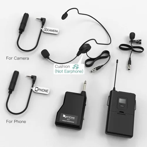 Vista 7 de FIFINE Sistema de Micrófono Inalámbrico, conjunto de micrófono inalámbrico con auriculares y micrófonos de solapa Lavalier, transmisor de cinturón