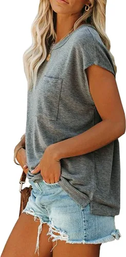 Vista 2 de WMZCYXY Camiseta de verano para mujer, sin mangas, cuello redondo, casual, holgada, con bolsillo