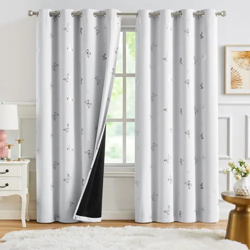 Vista 10 de Jubilantex - Cortinas opacas con diseño de mariposa dorada, 80 % rosa bebé Cortinas opacas 80% rosa lavanda/rosa bebé, estampado de mariposa