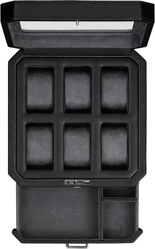 Vista 2 de ROTHWELL Juego de regalo Caja de reloj de cuero con 6 ranuras y funda de viaje a juego para 5 relojes, organizador de exhibición de lujo