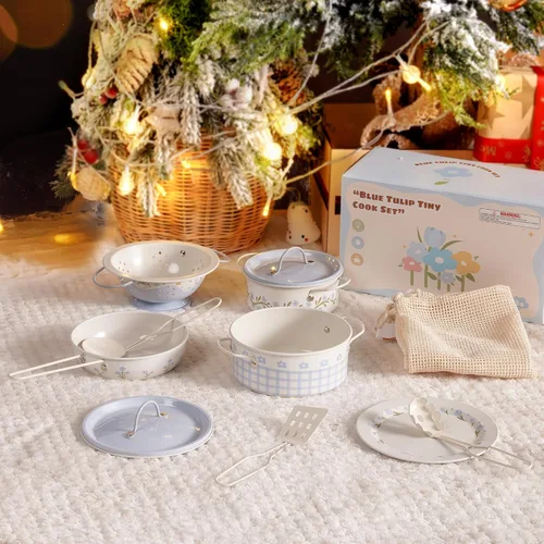 Vista 2 de ROBUD Juego de Ollas y Sartenes para Niños, Accesorios de Cocina para Jugar, Ollas y Sartenes de Metal en Crema Azul, Juego de Cocina para Niños