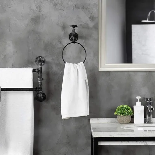 Vista 3 de MyGift Anillo de soporte para toallas de mano, estante colgante de toalla de baño montado en la pared, accesorios de baño industriales, decoración